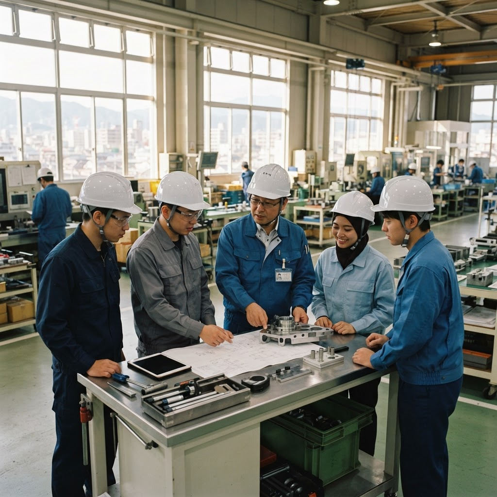 製造現場で協力しながら作業する外国人材と日本人スタッフ